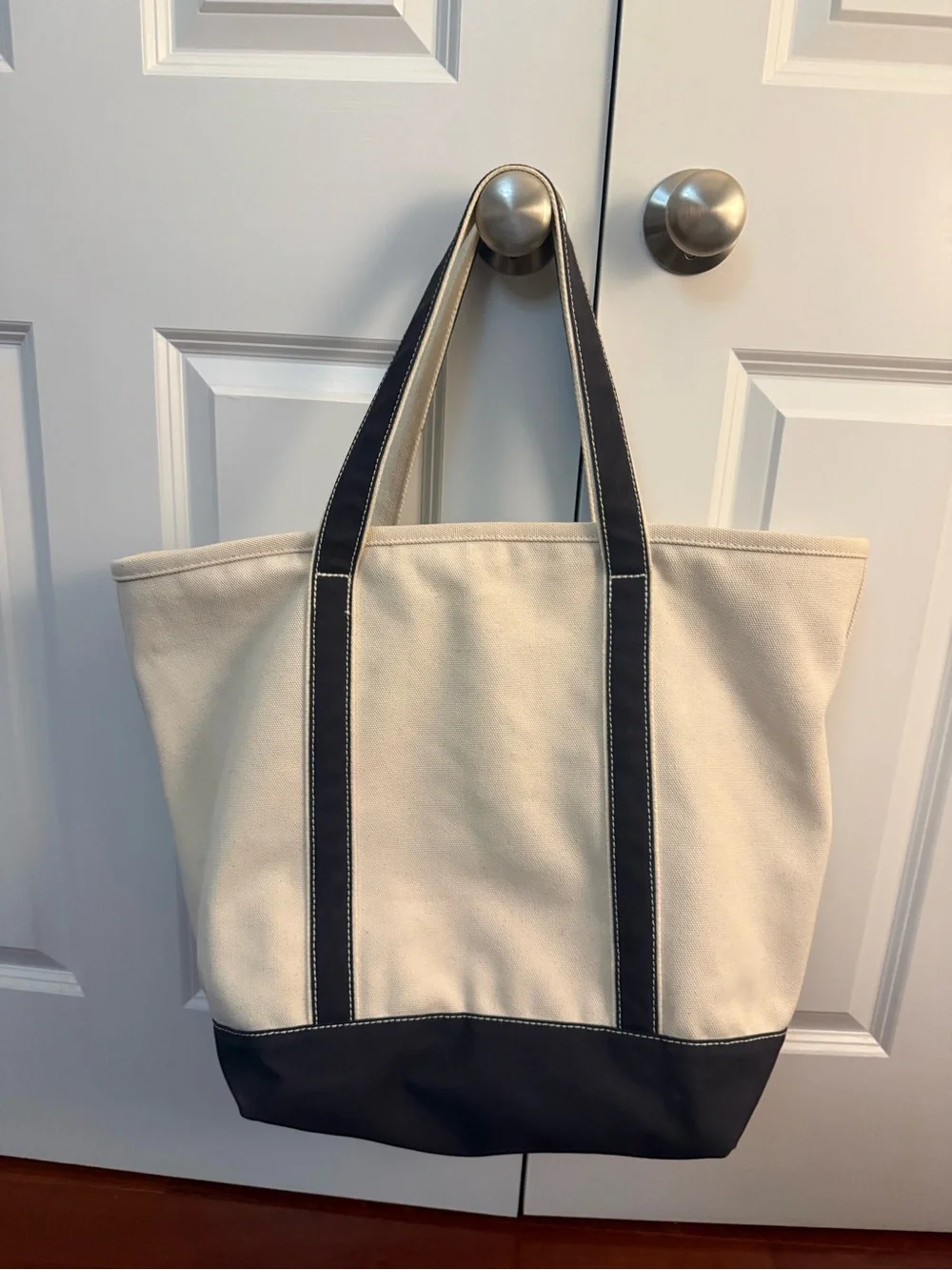 Large Lands' End Canvas Tote in Cream and Navy with Sunrise Logo